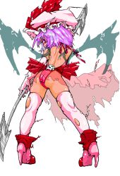 Rule 34 | 1girl, ass, back, bare back, child, colored eyelashes, elbow gloves, female focus, from behind, full body, gloves, hat, high heels, highres, looking back, mersoleil03, panties, polearm, purple eyes, purple hair, remilia scarlet, ribbon, shoes, short hair, skindentation, skull, solo, spear, thighhighs, torn clothes, torn thighhighs, touhou, underwear, weapon, white gloves, white thighhighs, wings
