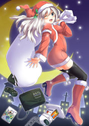 Rule 34 | 1girl, absurdres, anonimasu, bad id, bad pixiv id, bag, black thighhighs, blue eyes, blush, boots, christmas, crescent moon, female focus, full body, hat, highres, long hair, moon, night, one eye closed, open mouth, original, outdoors, sack, santa costume, santa hat, sky, smile, solo, stairs, thighhighs, white hair, wink