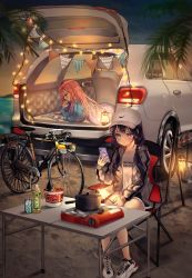 Rule 34 | 2girls, absurdres, aina 156cm, baseball cap, beach, bicycle, black hair, black shorts, blanket, blue shirt, book, brown hair, bunting, camping, camping chair, can, car, cellphone, chair, closed mouth, cup ramen, drink can, fireworks, folding table, grey jacket, hair ornament, hat, highres, holding, holding phone, holding sparkler, huge filesize, instant ramen, jacket, juice, lantern, long hair, long sleeves, medium hair, motor vehicle, mountainous horizon, multiple girls, nail polish, night, ocean, original, outdoors, palm tree, phone, portable stove, pot, purple eyes, reading, red eyes, shirt, shoes, shorts, sitting, smartphone, smile, sneakers, soda can, sparkler, star (sky), string lights, table, thighs, tree, twintails, white footwear, white headwear, white shirt, x hair ornament