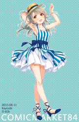 Rule 34 | 1girl, arm behind head, armpits, arms up, blue background, brown hair, dated, dress, floating hair, full body, happy, hat, kayou (kayou-bi), legs, long hair, original, outline, polka dot, polka dot background, ribbon, shoes, solo, striped clothes, striped dress, vertical-striped clothes, vertical-striped dress, yellow eyes