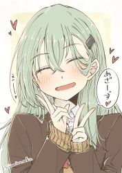 Rule 34 | 1girl, aqua hair, blush, closed eyes, commentary request, crossed bangs, double v, hair between eyes, hair ornament, hairclip, heart, highres, jacket, kantai collection, long hair, long sleeves, open mouth, simple background, solo, suzuya (kancolle), twitter username, umino mokuzu (shizumisou), upper body, v, white background