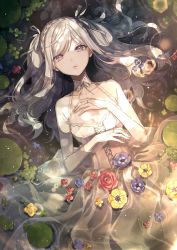 Rule 34 | 1girl, amaichi esora, blonde hair, breasts, collarbone, dress, fine art parody, flower, from above, hands on own chest, highres, leaf, lens flare, long hair, long sleeves, looking at viewer, ophelia (painting), original, parody, partially submerged, purple flower, red flower, revision, small breasts, solo, water, wet, wet clothes, wet hair, yellow flower