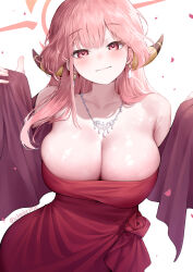 Rule 34 | 1girl, absurdres, aru (blue archive), aru (dress) (blue archive), blue archive, blush, breasts, brown eyes, brown horns, chee ke, cleavage, closed mouth, collarbone, demon horns, dress, earrings, halo, highres, horns, jewelry, large breasts, long hair, looking at viewer, necklace, official alternate costume, pink hair, pink halo, red dress, simple background, smile, solo, strapless, strapless dress, twitter username, upper body, white background