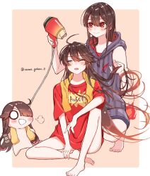 Rule 34 | border, brother and sister, buster shirt, clothes writing, drying, drying hair, fate/grand order, fate (series), fiery hair, hair dryer, highres, holding, holding hair dryer, hood, hooded sweater, long hair, mini nobu (fate), oda nobukatsu (fate), oda nobunaga (fate), red eyes, red shirt, shirt, siblings, simple background, sleeveless, smile, sweater, towel, towel around neck, trap, twitter username, very long hair, white border, yui (tamagohan)