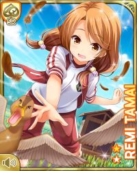 Rule 34 | 1girl, bird, brown eyes, brown hair, card (medium), day, duck, farm, girlfriend (kari), jacket, looking at viewer, low twintails, official art, outdoors, pants, qp:flapper, red jacket, red pants, running, shirt, solo, tagme, tamai remi, track suit, twintails, white shirt, worried
