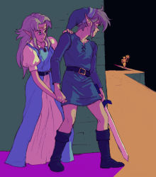 Rule 34 | 1boy, 1girl, ball and chain (weapon), belt, blonde hair, blue dress, blue eyes, couple, dress, earrings, elf, full body, guard, holding hands, hand on another&#039;s shoulder, hat, jewelry, knight, link, long hair, nintendo, pointy ears, princess zelda, sidelocks, sword, the legend of zelda, the legend of zelda: a link to the past, tunic, weapon