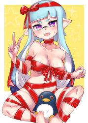 Rule 34 | 1girl, barefoot, blue hair, blunt bangs, blush, border, breasts, cleavage, commentary, fang, highres, inkling, inkling girl, inkling player character, long hair, looking at viewer, medium breasts, naked ribbon, navel, nintendo, open mouth, outside border, penguin maru (penginmaru), pointy ears, purple eyes, ribbon, sitting, smile, solo, sparkle, splatoon (series), star (symbol), stuffed animal, stuffed penguin, stuffed toy, sweat, sweatdrop, tentacle hair, v, white border, yellow background