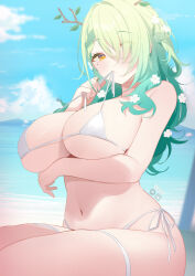 1girl antlers arm_under_breasts artist_name bare_shoulders beach bikini blue_sky blush breasts ceres_fauna commentary day deyui earrings english_commentary eyes_visible_through_hair flower green_hair hair_flower hair_ornament hair_over_one_eye highres holding_strap hololive hololive_english horns huge_breasts jewelry long_hair looking_at_viewer mole mole_under_eye mouth_hold navel ocean side-tie_bikini_bottom sky solo stomach swimsuit thighs tree_horns undone_bikini virtual_youtuber white_bikini yellow_eyes