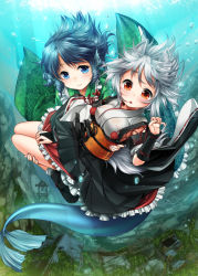 Rule 34 | 2girls, animal ears, blue eyes, blue hair, blush, breasts, bubble, city, detached sleeves, fins, hat, head fins, inubashiri momiji, japanese clothes, kei kei, kimono, large breasts, long sleeves, mermaid, monster girl, multiple girls, obi, open mouth, red eyes, sash, short hair, silver hair, skirt, smile, tail, tokin hat, touhou, underwater, underwater city, vambraces, wakasagihime, water, wide sleeves, wolf ears, wolf tail