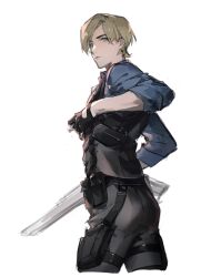 Rule 34 | 1boy, ass, blonde hair, blue shirt, bulletproof vest, curtained hair, e (h798602056), fingerless gloves, from behind, gloves, gun, highres, holding, holding gun, holding weapon, leon s. kennedy, male focus, pants, resident evil, resident evil 6, shirt, short hair, shotgun, solo, tight clothes, tight pants, vest, weapon