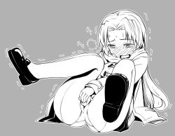 Rule 34 | 1girl, akino sora, ass, blush, covering privates, covering crotch, greyscale, long hair, mary janes, monochrome, original, panties, panties over pantyhose, pantyhose, scarf, shoes, solo, tears, trembling, underwear