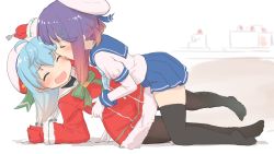 Rule 34 | 2girls, all fours, arm support, arm up, black legwear, blue hair, blue skirt, dress, closed eyes, licking another&#039;s face, food, food on face, fork, gloves, hat, highres, kantai collection, laughing, licking, long hair, lying, miniskirt, multiple girls, no shoes, on side, open mouth, pantyhose, ponytail, purple hair, red dress, red gloves, sado (kancolle), santa costume, school uniform, serafuku, shirt, short dress, short ponytail, skirt, smile, thighhighs, tongue, torso grab, tsushima (kancolle), wamu (chartreuse), white gloves, white shirt, yuri