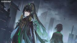 Rule 34 | 2girls, black hair, building, city, cloud, cloudy sky, copyright name, gradient hair, green hair, grey eyes, hair ornament, highres, jewelry, logo, long hair, multicolored hair, multiple girls, necklace, official art, outdoors, overcast, punishing: gray raven, qu (punishing: gray raven), second-party source, sky, two-tone hair, upper body, very long hair, yinzinmiemie