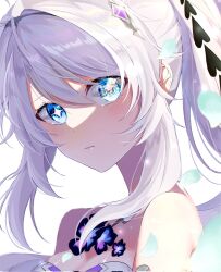 Rule 34 | + +, 1girl, bare shoulders, blue eyes, blue flower, breasts, commentary, flower, glint, grey hair, hair between eyes, hair intakes, highres, honkai (series), honkai impact 3rd, kiana kaslana, kiana kaslana (herrscher of finality), long hair, looking at viewer, medium breasts, parted lips, petals, ponytail, portrait, sidelocks, simple background, solo, white background, yudemame1027