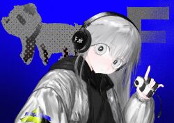 1girl \n/ bad_id bad_twitter_id black_hoodie blue_background blush closed_mouth clothes_writing fcx4l gradient_background grey_eyes grey_hair grey_jacket hand_up head_tilt headphones highres holding holding_toy hood hood_down hoodie inactive_account jacket jacket_over_hoodie long_hair long_sleeves looking_at_viewer mountain_print original panda print_jacket solo toy translation_request upper_body usb