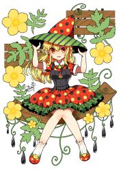 Rule 34 | 1girl, absurdres, blonde hair, collared dress, dress, earrings, elina (e2n04n), flower, food, frilled skirt, frills, fruit, full body, hair between eyes, hands on headwear, hat, highres, jewelry, knees together feet apart, long hair, open mouth, original, personification, plant, polka dot, polka dot dress, red eyes, short sleeves, sitting, skirt, smile, socks, solo, twitter username, vines, watermelon, watermelon seeds, witch hat, yellow flower, zipper pull tab