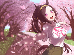 Rule 34 | 1girl, animal ears, breasts, brown hair, cherry blossoms, collarbone, falling leaves, flower in eye, forehead, horse ears, horse girl, horse tail, large breasts, leaf, looking at viewer, ohmi-wisteria, open mouth, outstretched arms, ponytail, purple eyes, sakura bakushin o (umamusume), shirt, short sleeves, spread arms, spring (season), symbol in eye, tail, umamusume, upper body, v-shaped eyebrows, white shirt