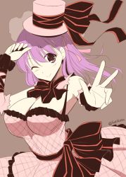 Rule 34 | 1girl, ;), bare shoulders, black bow, black ribbon, blush, bow, bowtie, breasts, cleavage, commentary request, dress, fate/stay night, fate (series), hair ribbon, hat, hat ribbon, kurikara, large breasts, long hair, looking at viewer, matou sakura, official alternate costume, one eye closed, pink dress, purple eyes, purple hair, ribbon, scrunchie, smile, solo, twitter username, v, wrist scrunchie