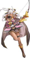 Rule 34 | 1girl, ahoge, ankle boots, artist request, boots, bow, bow (weapon), breasts, brown footwear, cape, dark-skinned female, dark skin, epic seven, full body, hair ornament, hand up, holding, holding bow (weapon), holding weapon, large breasts, long sleeves, medium hair, official art, open mouth, outstretched arm, silkyia yula safayena, simple background, solo, thigh strap, third-party source, transparent background, wanderer silk, weapon, white hair, yellow eyes