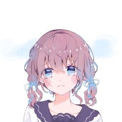 Rule 34 | 1girl, artist name, blue background, blue eyes, blue hair, blush stickers, brown hair, closed mouth, collarbone, commentary request, crying, crying with eyes open, diandian, highres, light smile, looking at viewer, multicolored hair, original, solo, sparkling eyes, streaked hair, tears, twintails, upper body, white background