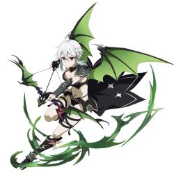 Rule 34 | 1girl, alternate color, alternate eye color, alternate hair color, armor, arrow (projectile), bikini armor, black cape, black footwear, black gloves, black panties, boots, bow (weapon), breasts, cape, choker, cleavage, demon wings, frown, full body, gloves, green wings, hair between eyes, hair ornament, holding, holding arrow, holding bow (weapon), holding weapon, knee boots, leg up, looking at viewer, medium breasts, midriff, navel, official art, panties, pointy ears, red eyes, short hair, silver hair, simple background, sinon, solo, stomach, sword art online, sword art online: memory defrag, thigh strap, underwear, waist cape, weapon, white background, wings