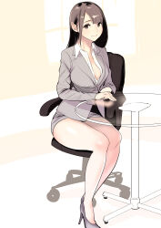 Rule 34 | 1girl, black hair, breasts, business suit, chair, cleavage, closed mouth, collared shirt, dress shirt, dytm, formal, glass table, grey jacket, grey skirt, high heels, highres, indoors, jacket, large breasts, legs together, miniskirt, office chair, office lady, on chair, original, pencil skirt, shirt, sitting, sitting sideways, skirt, skirt suit, solo, suit, swivel chair, table, thighs, unbuttoned, unbuttoned shirt