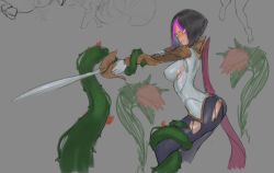Rule 34 | 1girl, angry, armor, black hair, blue eyes, blush, fiora (league of legends), league of legends, mayhem art, multicolored hair, plant, rapier, restrained, skin tight, sword, tentacles, torn clothes, two-tone hair, weapon