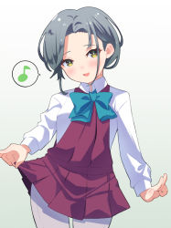 Rule 34 | 1girl, aqua bow, aqua bowtie, bow, bowtie, collarbone, commentary request, cowboy shot, dress, dress shirt, eighth note, forehead, grey hair, grey pantyhose, halterneck, kantai collection, looking at viewer, mole, mole on neck, musical note, pantyhose, pleated dress, purple dress, sanninme no haru, school uniform, shirt, short hair, simple background, skirt hold, solo, spoken musical note, standing, swept bangs, tamanami (kancolle), white background, white shirt, yellow eyes