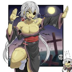 Rule 34 | 1girl, bare shoulders, bat (animal), bone, breasts, chibi, cleavage, collar, cross, cuffs, earrings, fang, fighting stance, graveyard, japanese clothes, jewelry, kara age, kimono, large breasts, long hair, missing eye, monster girl, moon, nail polish, original, scar, shackles, skull, slit pupils, smile, socks, solo, stitches, twintails, white hair, yellow eyes, zombie