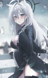 Rule 34 | 1girl, absurdres, ahoge, animal ear fluff, animal ears, black dress, black gloves, black halo, black panties, blue archive, blue eyes, blush, breasts, bright pupils, cleavage, cross hair ornament, dress, gloves, grey hair, hair between eyes, hair ornament, halo, highres, large breasts, long hair, long sleeves, looking at viewer, mismatched pupils, mofu07519, panties, rain, shiroko (blue archive), shiroko terror (blue archive), standing, thighs, underwear, white pupils