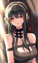 Rule 34 | 1girl, banned artist, bare shoulders, black dress, black hair, breasts, cleavage, commentary, dress, hair between eyes, hairband, highres, large breasts, long hair, petals, red eyes, rose petals, shimizu akina, sidelocks, solo, spy x family, upper body, yor briar