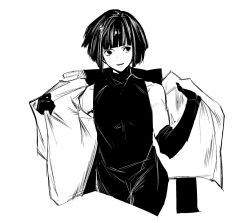 Rule 34 | 10s, 1boy, androgynous, bare shoulders, black dress, black hair, commentary request, dress, elbow gloves, gloves, greyscale, highres, jacket, jikatarou, looking to the side, monochrome, off shoulder, short hair, simple background, sleeveless, sleeveless dress, tokyo ghoul, ui koori, white background