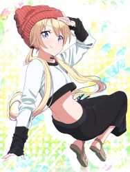 Rule 34 | 1girl, alternate hairstyle, arm up, black pants, black ribbon, blonde hair, blue eyes, crop top, floating hair, full body, hair between eyes, hair ornament, hat, highres, long hair, looking at viewer, makicha (sasurainopink), midriff, new game!, outstretched arm, pants, red hat, ribbon, smile, solo, twintails, very long hair, yagami kou