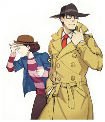 Rule 34 | 2boys, ace attorney, ace attorney investigations, ace attorney investigations 2, aged down, black eyes, black hair, border, bowler hat, coat, curly hair, fedora, glasses, gregory edgeworth, grey background, hand in pocket, hand on another&#039;s face, hand on forehead, hand on own face, hat, jacket, leaning, leaning forward, long sleeves, male focus, multiple boys, necktie, notepad, open mouth, overcoat, pencil, profile, reka, shigaraki tateyuki, shirt, simple background, spoilers, striped clothes, striped shirt, teeth