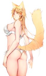 Rule 34 | 1girl, animal ears, ass, bare shoulders, blonde hair, bra, breasts, cat ears, cat girl, cat tail, closed mouth, commentary request, from behind, genderswap, genderswap (mtf), izumi kouhei, large breasts, long hair, looking at viewer, looking back, panties, pepper fever, simple background, solo, standing, tail, underwear, white background, white bra, white panties, world trigger, yellow eyes