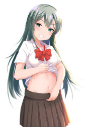 Rule 34 | 1girl, blouse, blush, brown skirt, buttons, clothes lift, commentary request, green eyes, green hair, grin, hair between eyes, hair ornament, hairclip, highres, kantai collection, kuroame (kurinohana), lifted by self, long hair, navel, neck ribbon, pleated skirt, red ribbon, ribbon, shirt, shirt lift, short sleeves, simple background, skirt, smile, solo, suzuya (kancolle), white background, white shirt
