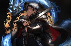 1boy absurdres arknights black_cape black_hair black_robe cape cleft_chin cosplay earrings family_guy fat fat_man grey_eyes highres holding holding_sword holding_weapon jewelry kowai_(iamkowai) male_focus peter_griffin pointy_ears red_cape robe short_hair solo sword two-sided_cape two-sided_fabric vambraces weapon zuo_le_(arknights) zuo_le_(arknights)_(cosplay)