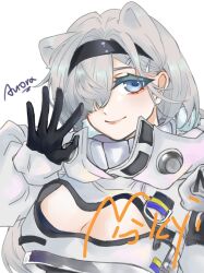 Rule 34 | 1girl, animal ears, arknights, aurora (arknights), bear ears, black gloves, black hairband, blue eyes, breasts, cleavage, cleavage cutout, clothing cutout, fangsheng m shifouhuimengdaodianzihangping, gloves, grey hair, hair over one eye, hairband, hand up, highres, large breasts, long hair, long sleeves, looking at viewer, simple background, smile, solo, upper body, very long hair, white background