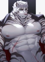Rule 34 | 1boy, abs, animal ears, arknights, bara, bare pectorals, bottomless, furry, furry male, hachi duchi, highres, jacket, jacket on shoulders, large pectorals, looking at viewer, male focus, mountain (arknights), muscular, muscular male, navel, navel hair, nipples, out-of-frame censoring, pectorals, scar, scar across eye, scar on arm, scar on face, scar on stomach, short hair, solo, stomach, thick eyebrows, tiger boy, tiger ears, white fur, white hair