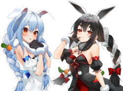 Rule 34 | 2girls, :p, alternate color, alternate hair color, animal ear fluff, animal ears, bare shoulders, black dress, black gloves, black hair, blue hair, blush, bow, braid, carrot hair ornament, closed mouth, commentary, detached sleeves, don-chan (usada pekora), dress, dual persona, finger to mouth, fingerless gloves, food-themed hair ornament, fur scarf, gloves, gotou (nekocat), hair between eyes, hair bow, hair ornament, heart, highres, hololive, long hair, looking at viewer, multicolored hair, multiple girls, own hands together, palette swap, puffy short sleeves, puffy sleeves, rabbit-shaped pupils, rabbit ears, red bow, red eyes, short sleeves, simple background, symbol-only commentary, symbol-shaped pupils, thick eyebrows, tongue, tongue out, twin braids, twintails, two-tone hair, upper body, usada pekora, usada pekora (1st costume), very long hair, virtual youtuber, white background, white bow, white dress, white hair
