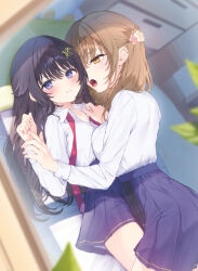 Rule 34 | 2girls, black hair, blue skirt, blush, breasts, brown eyes, brown hair, collarbone, collared shirt, commentary request, dress shirt, dutch angle, girl on top, long hair, long sleeves, lying, medium breasts, multiple girls, navy (navy.blue), necktie, official art, on back, open mouth, original, pleated skirt, purple eyes, red necktie, school uniform, shirt, skirt, undone necktie, very long hair, white shirt, window, yuri