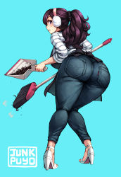 Rule 34 | 1girl, :o, apron, artist name, ass, beryl (junkpuyo), black apron, blue background, breasts, broom, curvy, denim, dustpan, earmuffs, from behind, full body, hair ornament, hair pulled back, hair scrunchie, high heels, highres, hip focus, holding, huge ass, huge breasts, jeans, junkpuyo, knees together feet apart, leaning forward, legs, long hair, long sleeves, looking at viewer, looking back, no socks, original, pants, parted lips, pigeon-toed, ponytail, profile, purple eyes, purple hair, scrunchie, severed hair, shirt, simple background, solo, standing, strappy heels, striped clothes, striped shirt, surprised, thick thighs, thighs, white footwear, wide hips