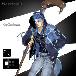Rule 34 | 1boy, animal ears, arknights, blue hair, blue jacket, blue pants, cu chulainn (caster) (fate), cu chulainn (fate), elle shengxuan shi, fate/grand order, fate (series), gloves, hand in pocket, highres, holding, holding weapon, jacket, long hair, looking at viewer, male focus, pants, red eyes, staff, tail, upper body, weapon, wolf ears, wolf tail