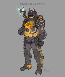 Rule 34 | 1boy, absurdres, anh dang, animal print, backpack, bag, bat (animal), bat print, batman, batman (series), belt, belt pouch, blank eyes, bodysuit, boots, character name, clenched hands, dc comics, death stranding, fusion, grey background, grey bodysuit, highres, horns, male focus, odradek, pouch, sam porter bridges, signature, simple background, snow boots, solo, standing