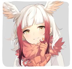Rule 34 | 1girl, bey (bey01st), bird wings, blush, close-up, commentary request, frilled sleeves, frills, fur collar, gloves, hand in own hair, head wings, japanese crested ibis (kemono friends), kemono friends, long sleeves, multicolored hair, red fur, red gloves, red hair, shirt, short hair, sidelocks, solo, two-tone hair, white hair, white shirt, wings, yellow eyes
