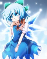 Rule 34 | 1girl, :o, arm up, between legs, blue background, blue eyes, blue hair, bow, cirno, do (4-rt), dress shirt, gradient background, hair bow, hand between legs, highres, light particles, looking away, matching hair/eyes, mittens, perfect cherry blossom, ribbon, scarf, shirt, short hair, short sleeves, skirt, solo, touhou, vest, wings