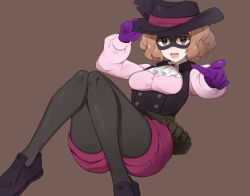 Rule 34 | 1girl, bandolier, black pantyhose, black vest, brown eyes, brown hair, commentary request, domino mask, gloves, hat, hat feather, loafers, mask, okumura haru, pantyhose, persona, persona 5, pink shirt, purple footwear, purple gloves, purple shorts, raimone26, shirt, shoes, shorts, solo, underbust, vest