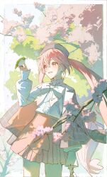 Rule 34 | 1girl, :d, arm at side, bird, bird on hand, blush, branch, cherry blossoms, collared shirt, cowboy shot, day, grey jacket, hair between eyes, hand up, hatsune miku, high-waist skirt, highres, jacket, legs apart, long hair, long sleeves, looking at animal, miniskirt, open clothes, open jacket, open mouth, outdoors, pink eyes, pink hair, pink skirt, plaid, plaid jacket, pleated skirt, sakura miku, sakura miku (rella), shirt, sidelocks, skirt, sleeve cuffs, sleeves past wrists, smile, solo, tree, twintails, very long hair, vocaloid, white shirt, yurun (yurun ume)