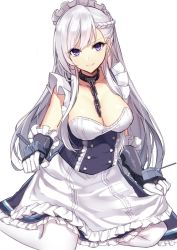 Rule 34 | 1girl, aosaki yukina, apron, apron lift, azur lane, belfast (azur lane), blue dress, blue eyes, braid, breasts, chain, cleavage, clothes lift, collar, collarbone, dress, elbow gloves, french braid, frills, gloves, kneeling, large breasts, long hair, looking at viewer, maid headdress, silver hair, simple background, smile, solo, swept bangs, waist apron, white background, white legwear