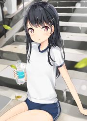 Rule 34 | 1girl, arm support, black hair, blue shorts, blurry, blurry background, blush, bottle, commentary request, depth of field, gym shirt, gym shorts, gym uniform, hair ornament, hairclip, head tilt, holding, holding bottle, leaf, long hair, looking at viewer, original, outdoors, parted lips, red eyes, shimamuucho, shirt, short shorts, short sleeves, shorts, sitting, sitting on stairs, solo, stairs, stone stairs, water bottle, white shirt